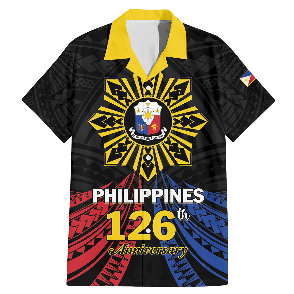 Personalized Philippines Independence Day Family Matching Mermaid Dress and Hawaiian Shirt Filipino 126th Anniversary Sun Tattoo LT01 Dad's Shirt - Short Sleeve Black - Polynesian Pride