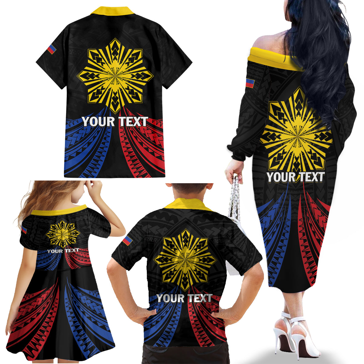 Personalized Philippines Independence Day Family Matching Off The Shoulder Long Sleeve Dress and Hawaiian Shirt Filipino 126th Anniversary Sun Tattoo LT01 - Polynesian Pride