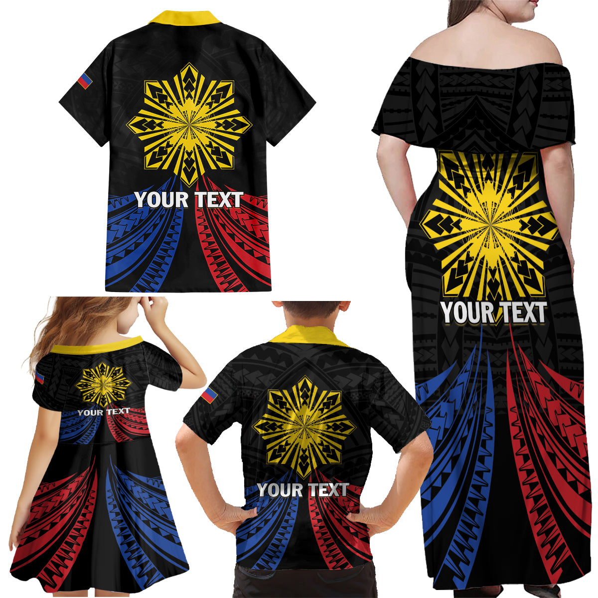Personalized Philippines Independence Day Family Matching Off Shoulder Maxi Dress and Hawaiian Shirt Filipino 126th Anniversary Sun Tattoo LT01 - Polynesian Pride