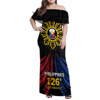 Personalized Philippines Independence Day Family Matching Off Shoulder Maxi Dress and Hawaiian Shirt Filipino 126th Anniversary Sun Tattoo LT01 Mom's Dress Black - Polynesian Pride