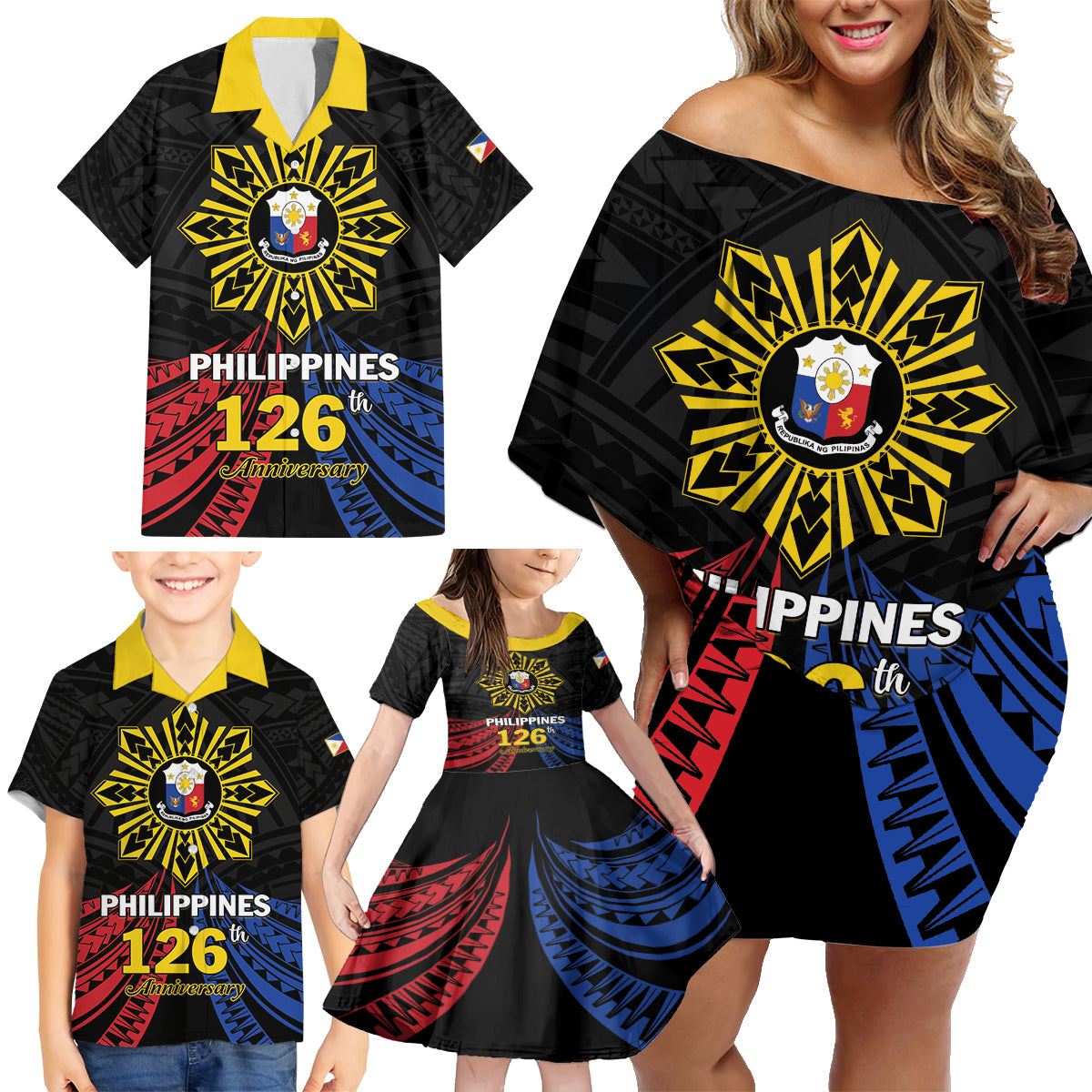 Personalized Philippines Independence Day Family Matching Off Shoulder Short Dress and Hawaiian Shirt Filipino 126th Anniversary Sun Tattoo LT01 - Polynesian Pride