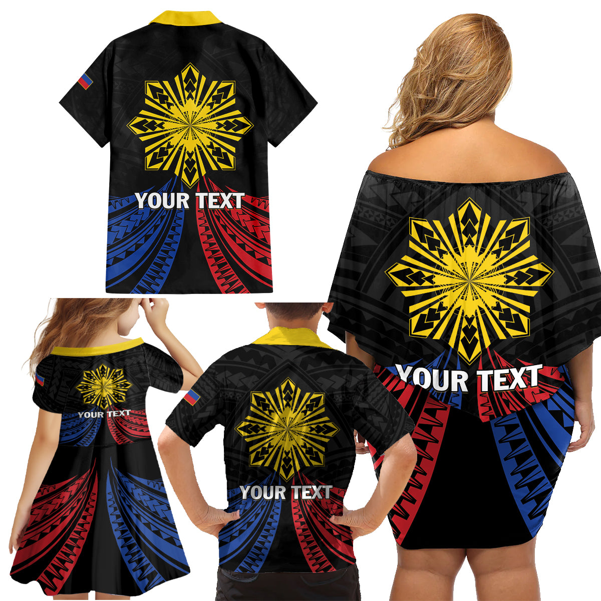 Personalized Philippines Independence Day Family Matching Off Shoulder Short Dress and Hawaiian Shirt Filipino 126th Anniversary Sun Tattoo LT01 - Polynesian Pride