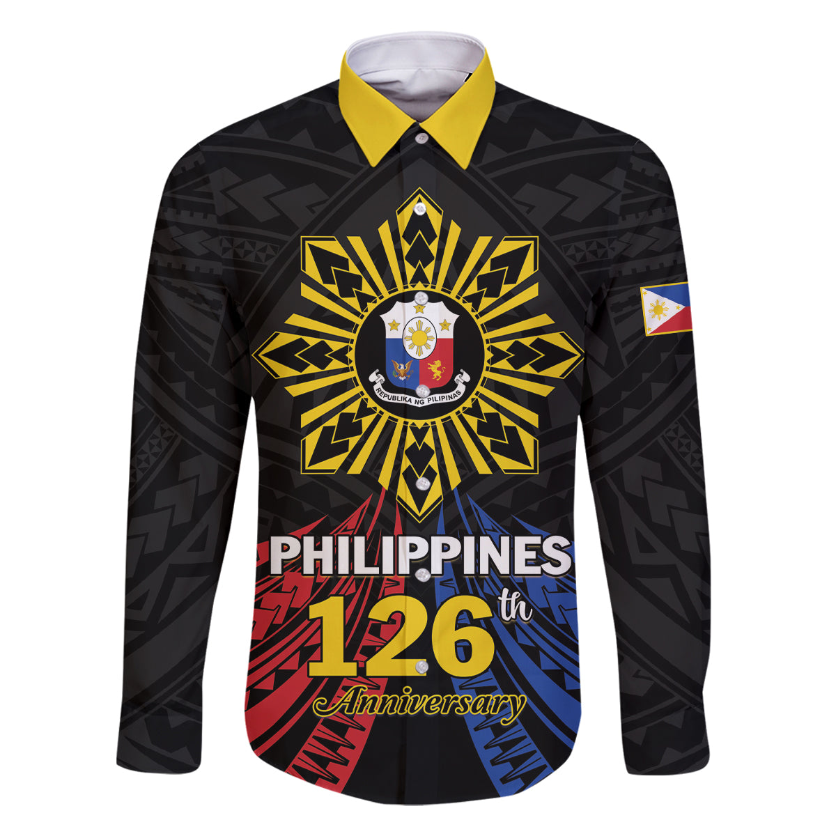 Personalized Philippines Independence Day Family Matching Off Shoulder Short Dress and Hawaiian Shirt Filipino 126th Anniversary Sun Tattoo LT01 Dad's Shirt - Long Sleeve Black - Polynesian Pride