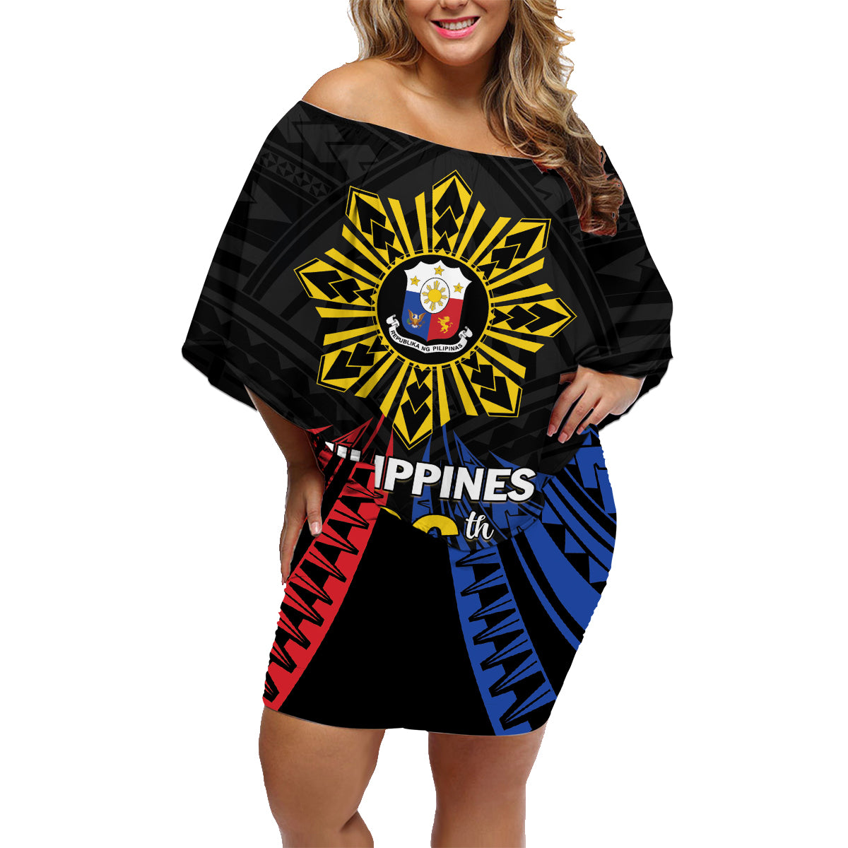 Personalized Philippines Independence Day Family Matching Off Shoulder Short Dress and Hawaiian Shirt Filipino 126th Anniversary Sun Tattoo LT01 Mom's Dress Black - Polynesian Pride