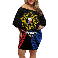 Personalized Philippines Independence Day Family Matching Off Shoulder Short Dress and Hawaiian Shirt Filipino 126th Anniversary Sun Tattoo LT01 Mom's Dress Black - Polynesian Pride