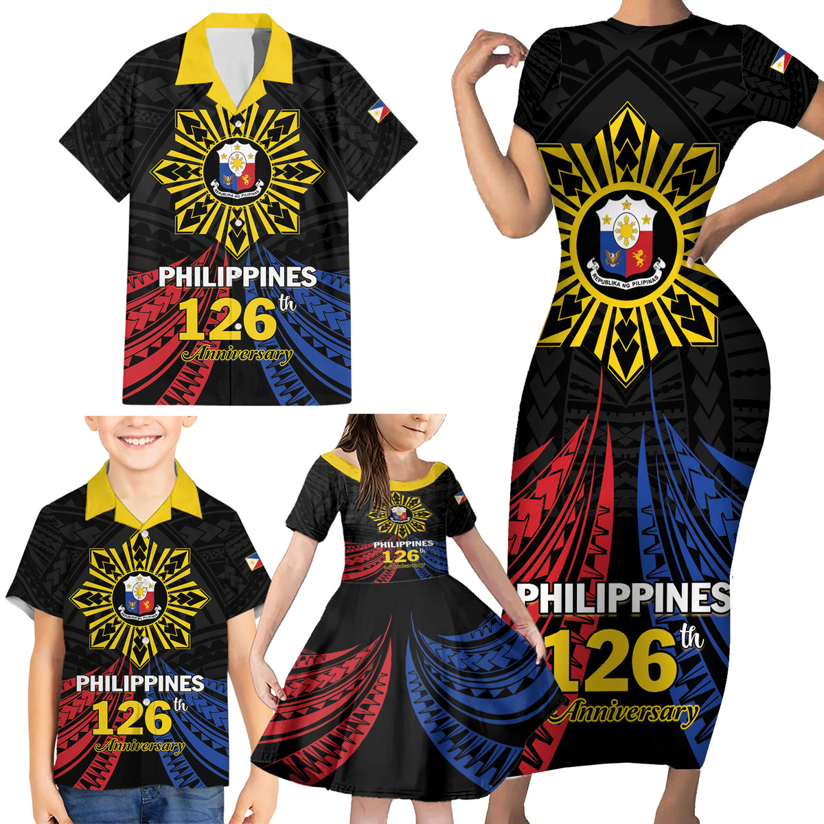 Personalized Philippines Independence Day Family Matching Short Sleeve Bodycon Dress and Hawaiian Shirt Filipino 126th Anniversary Sun Tattoo LT01 - Polynesian Pride