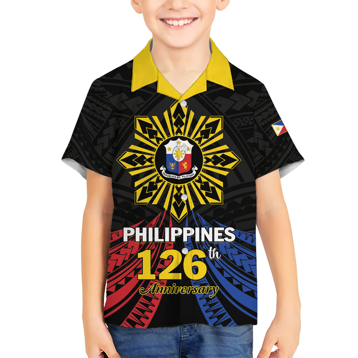 Personalized Philippines Independence Day Family Matching Short Sleeve Bodycon Dress and Hawaiian Shirt Filipino 126th Anniversary Sun Tattoo LT01 Son's Shirt Black - Polynesian Pride