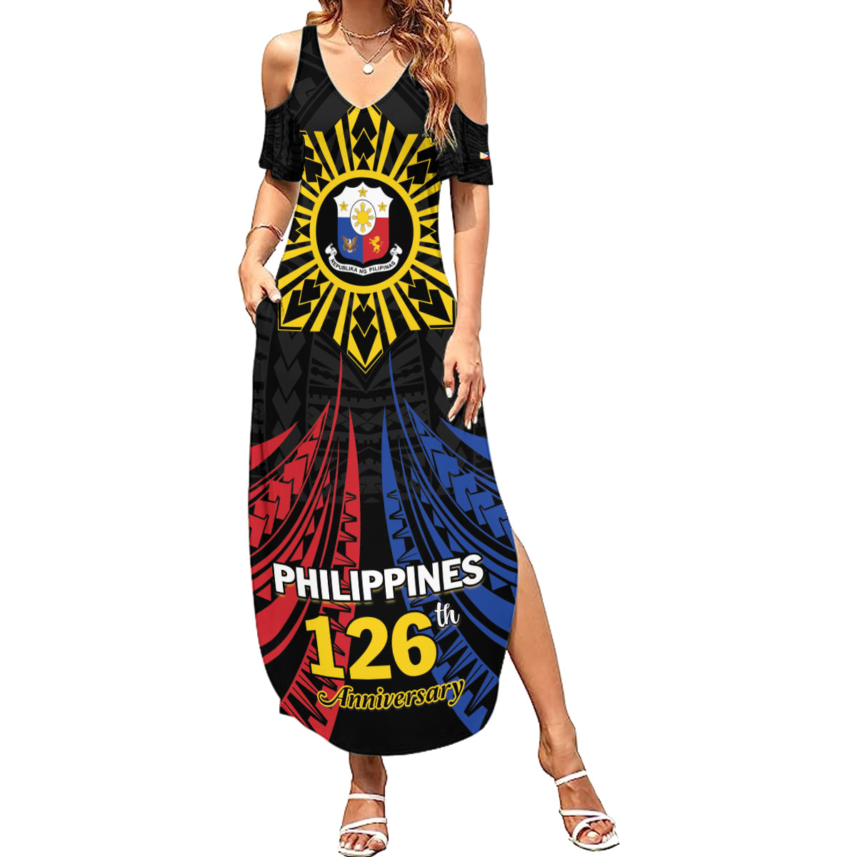 Personalized Philippines Independence Day Family Matching Summer Maxi Dress and Hawaiian Shirt Filipino 126th Anniversary Sun Tattoo LT01 Mom's Dress Black - Polynesian Pride