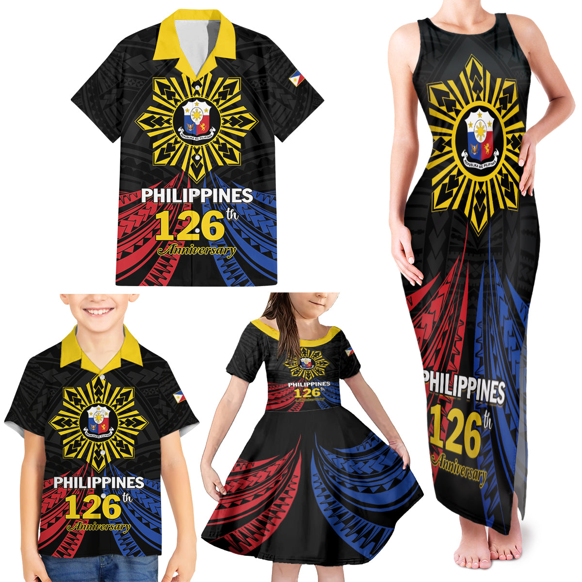 Personalized Philippines Independence Day Family Matching Tank Maxi Dress and Hawaiian Shirt Filipino 126th Anniversary Sun Tattoo LT01 - Polynesian Pride