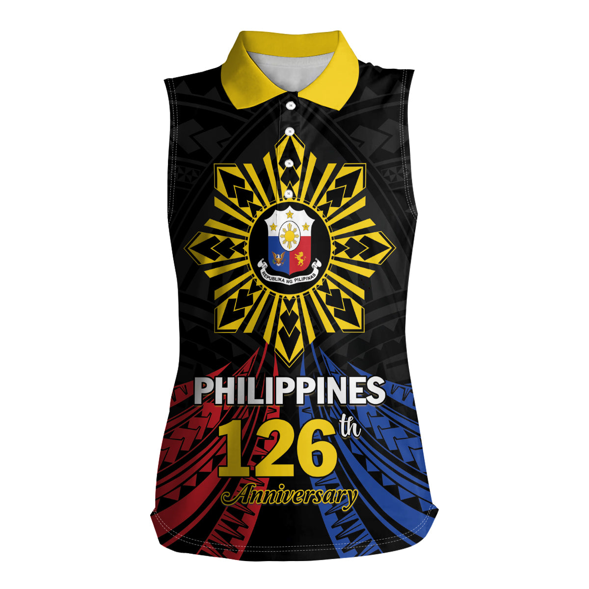Personalized Philippines Independence Day Women Sleeveless Polo Shirt Filipino 126th Anniversary Sun Tattoo LT01 Female Black - Polynesian Pride