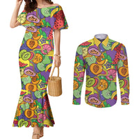 Hawaii Fruits Hippie Style Couples Matching Mermaid Dress and Long Sleeve Button Shirt Vibrant Colorful LT01 Multicolor - Polynesian Pride