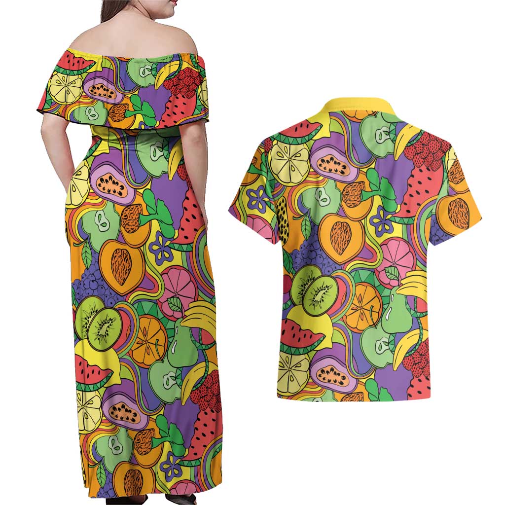 Hawaii Fruits Hippie Style Couples Matching Off Shoulder Maxi Dress and Hawaiian Shirt Vibrant Colorful LT01 - Polynesian Pride