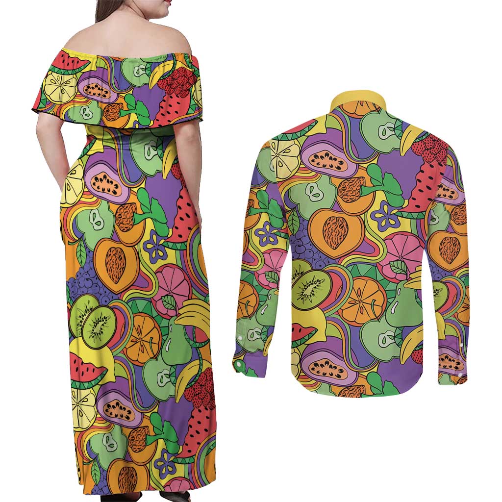 Hawaii Fruits Hippie Style Couples Matching Off Shoulder Maxi Dress and Long Sleeve Button Shirt Vibrant Colorful LT01 - Polynesian Pride