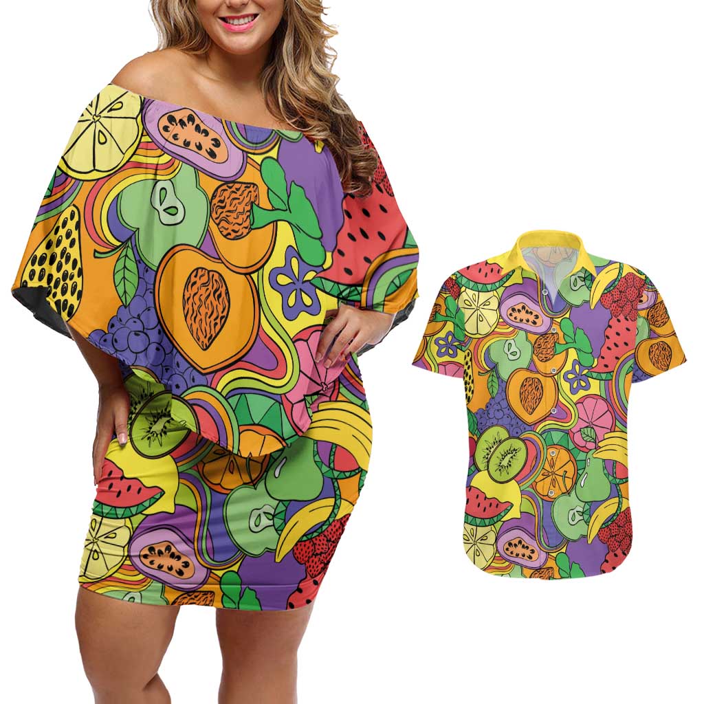 Hawaii Fruits Hippie Style Couples Matching Off Shoulder Short Dress and Hawaiian Shirt Vibrant Colorful LT01 Multicolor - Polynesian Pride