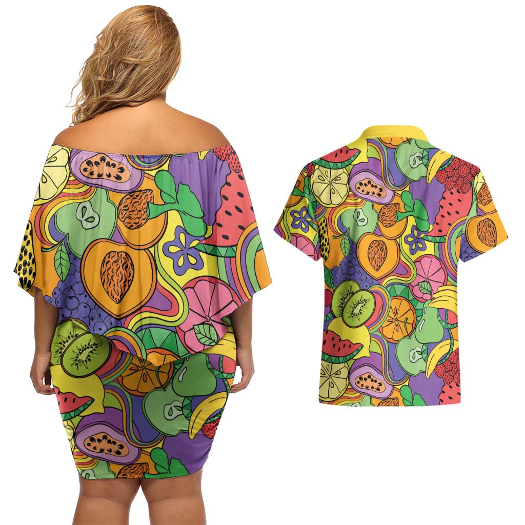 Hawaii Fruits Hippie Style Couples Matching Off Shoulder Short Dress and Hawaiian Shirt Vibrant Colorful LT01 - Polynesian Pride