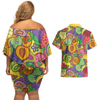 Hawaii Fruits Hippie Style Couples Matching Off Shoulder Short Dress and Hawaiian Shirt Vibrant Colorful LT01 - Polynesian Pride