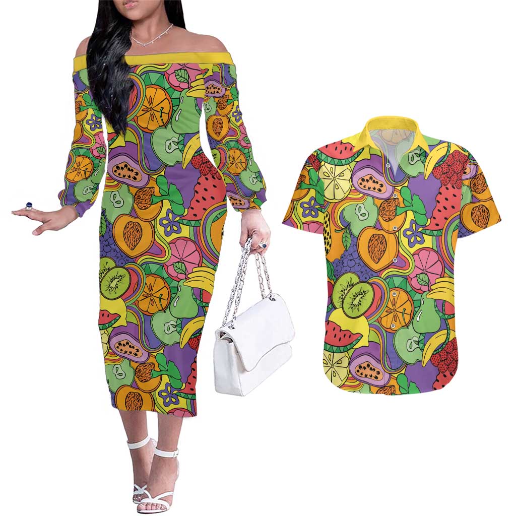 Hawaii Fruits Hippie Style Couples Matching Off The Shoulder Long Sleeve Dress and Hawaiian Shirt Vibrant Colorful