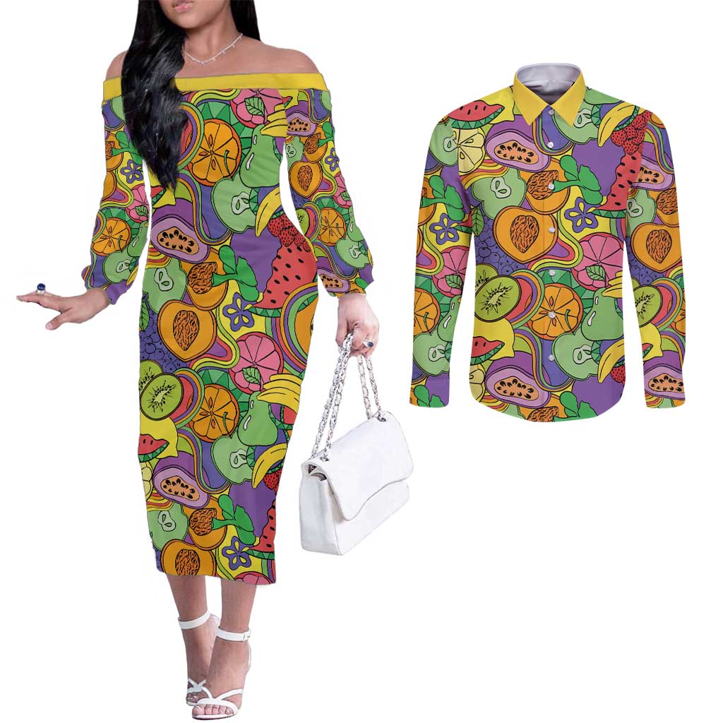 Hawaii Fruits Hippie Style Couples Matching Off The Shoulder Long Sleeve Dress and Long Sleeve Button Shirt Vibrant Colorful LT01 Multicolor - Polynesian Pride