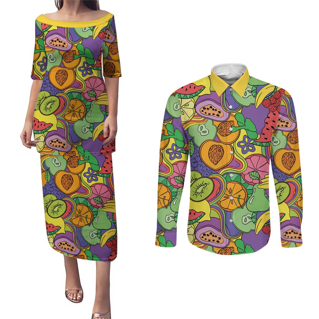 Hawaii Fruits Hippie Style Couples Matching Puletasi and Long Sleeve Button Shirt Vibrant Colorful
