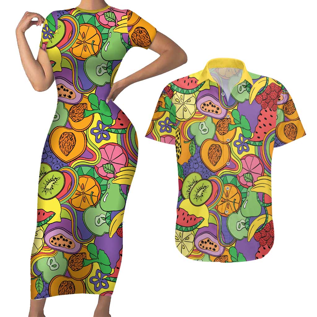 Hawaii Fruits Hippie Style Couples Matching Short Sleeve Bodycon Dress and Hawaiian Shirt Vibrant Colorful LT01 Multicolor - Polynesian Pride