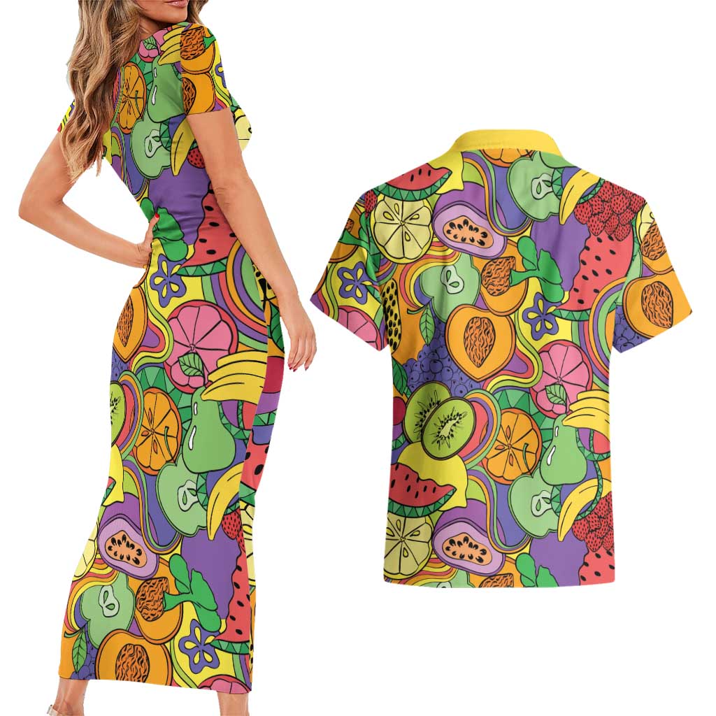 Hawaii Fruits Hippie Style Couples Matching Short Sleeve Bodycon Dress and Hawaiian Shirt Vibrant Colorful LT01 - Polynesian Pride