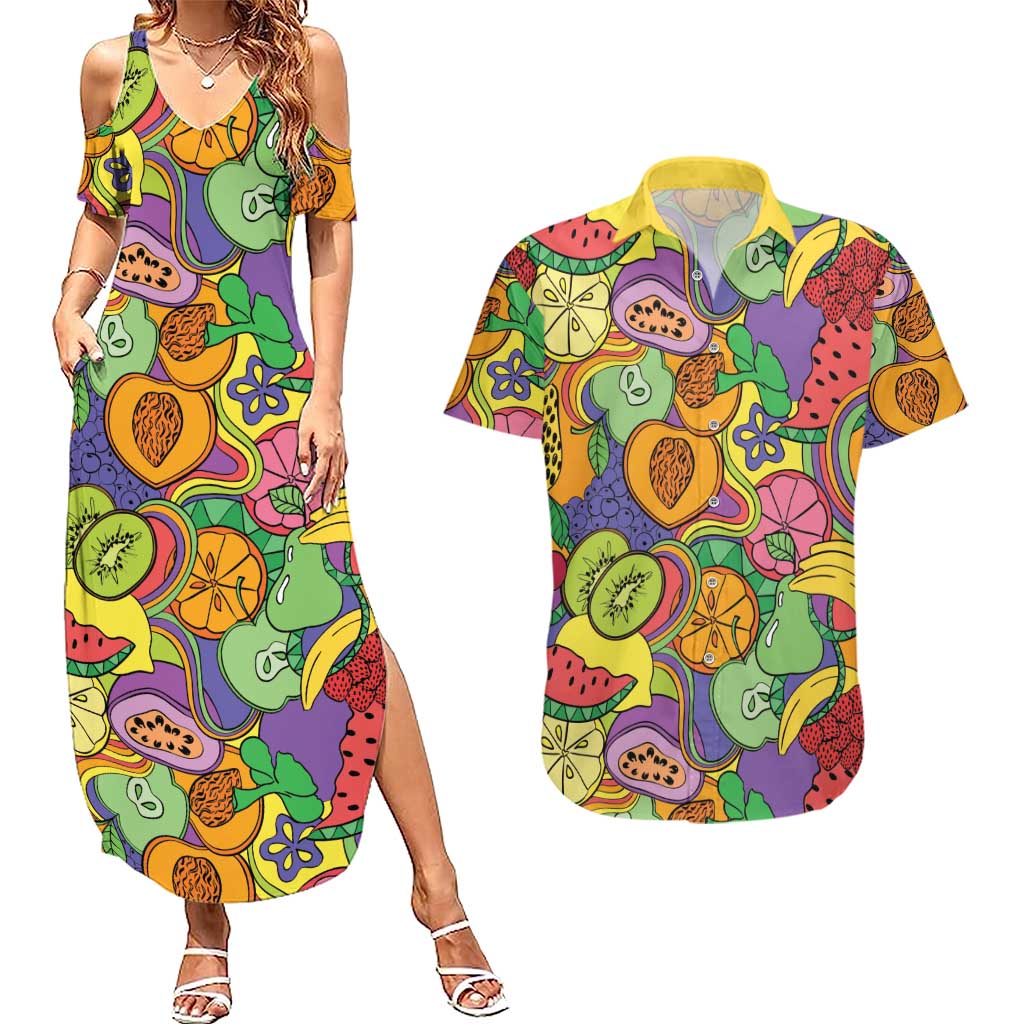 Hawaii Fruits Hippie Style Couples Matching Summer Maxi Dress and Hawaiian Shirt Vibrant Colorful LT01 Multicolor - Polynesian Pride