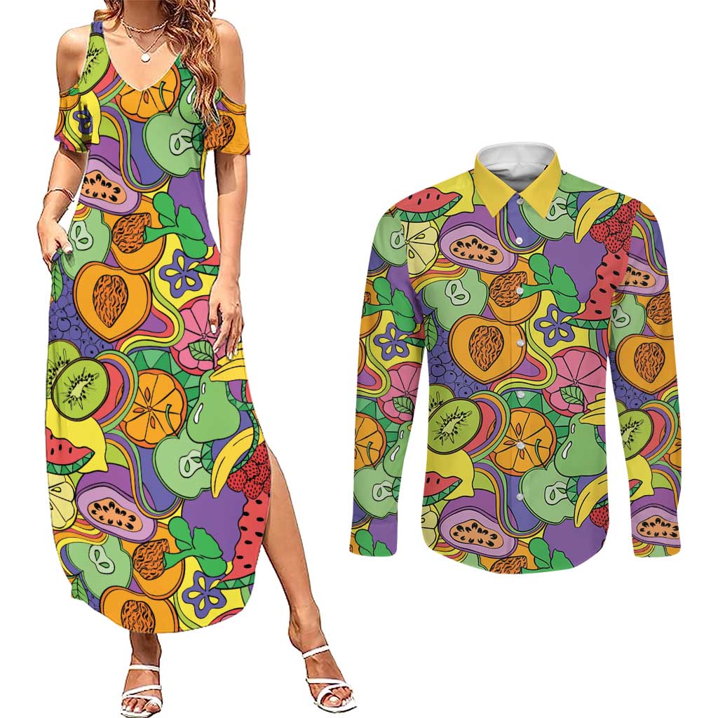Hawaii Fruits Hippie Style Couples Matching Summer Maxi Dress and Long Sleeve Button Shirt Vibrant Colorful LT01 Multicolor - Polynesian Pride