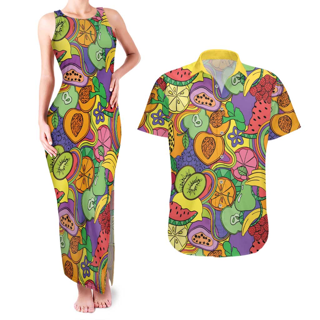 Hawaii Fruits Hippie Style Couples Matching Tank Maxi Dress and Hawaiian Shirt Vibrant Colorful