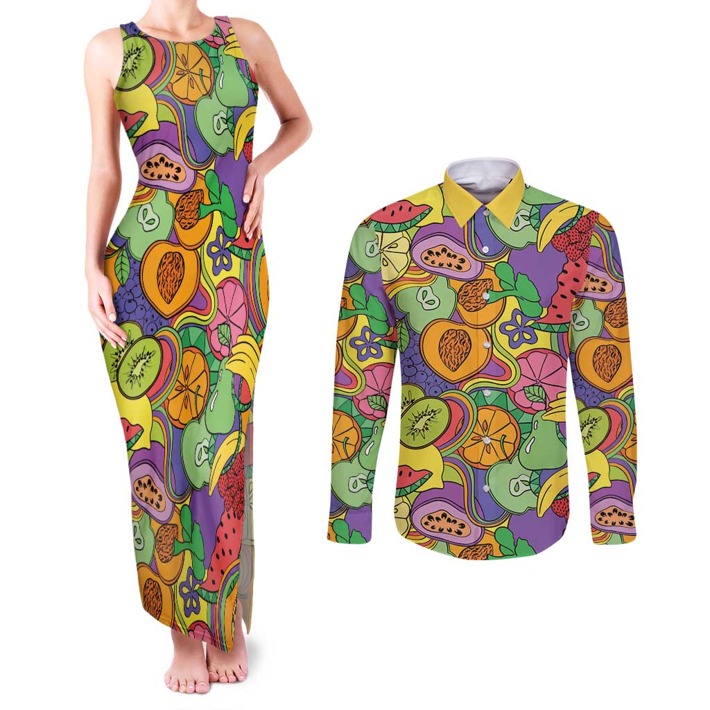 Hawaii Fruits Hippie Style Couples Matching Tank Maxi Dress and Long Sleeve Button Shirt Vibrant Colorful LT01 Multicolor - Polynesian Pride