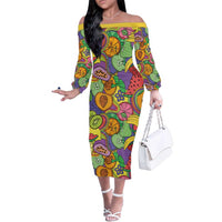 Hawaii Fruits Hippie Style Family Matching Off The Shoulder Long Sleeve Dress and Hawaiian Shirt Vibrant Colorful LT01 Mom's Dress Multicolor - Polynesian Pride