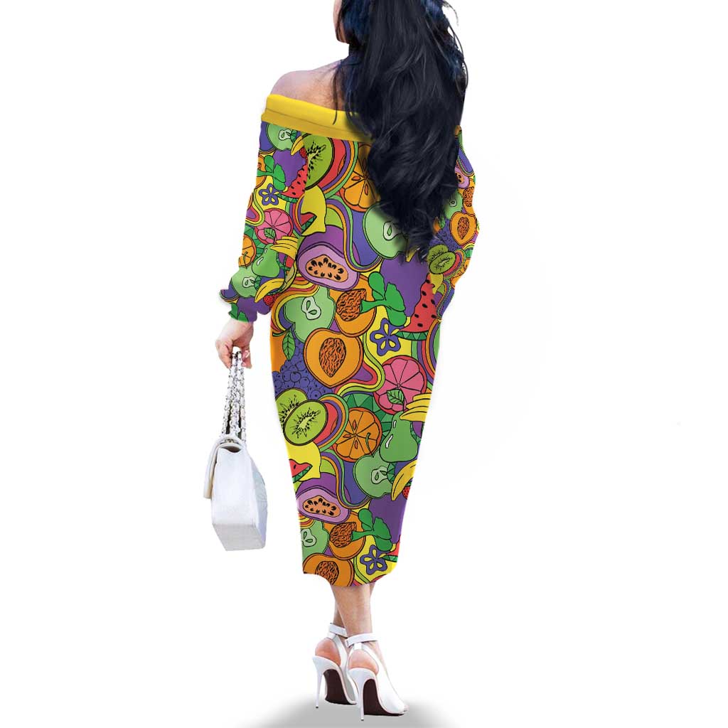 Hawaii Fruits Hippie Style Family Matching Off The Shoulder Long Sleeve Dress and Hawaiian Shirt Vibrant Colorful LT01 - Polynesian Pride