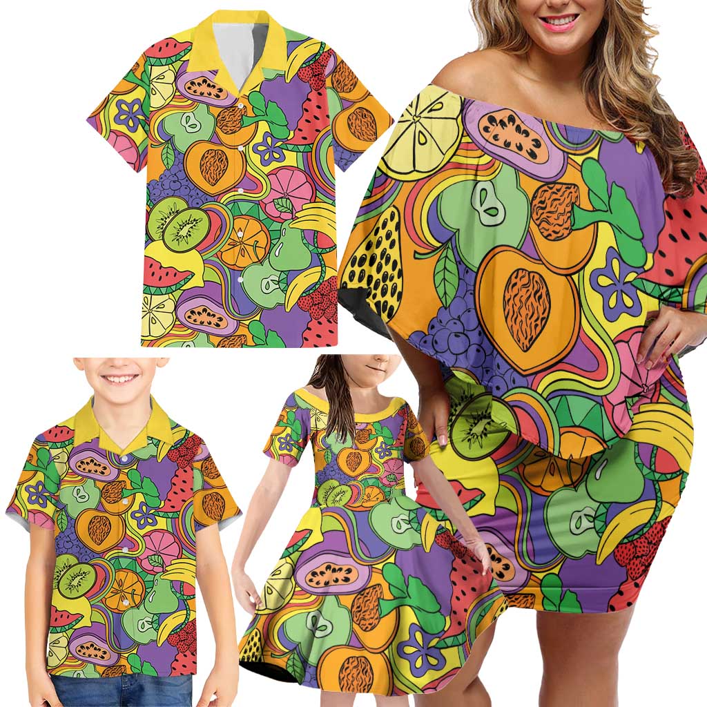 Hawaii Fruits Hippie Style Family Matching Off Shoulder Short Dress and Hawaiian Shirt Vibrant Colorful LT01 - Polynesian Pride