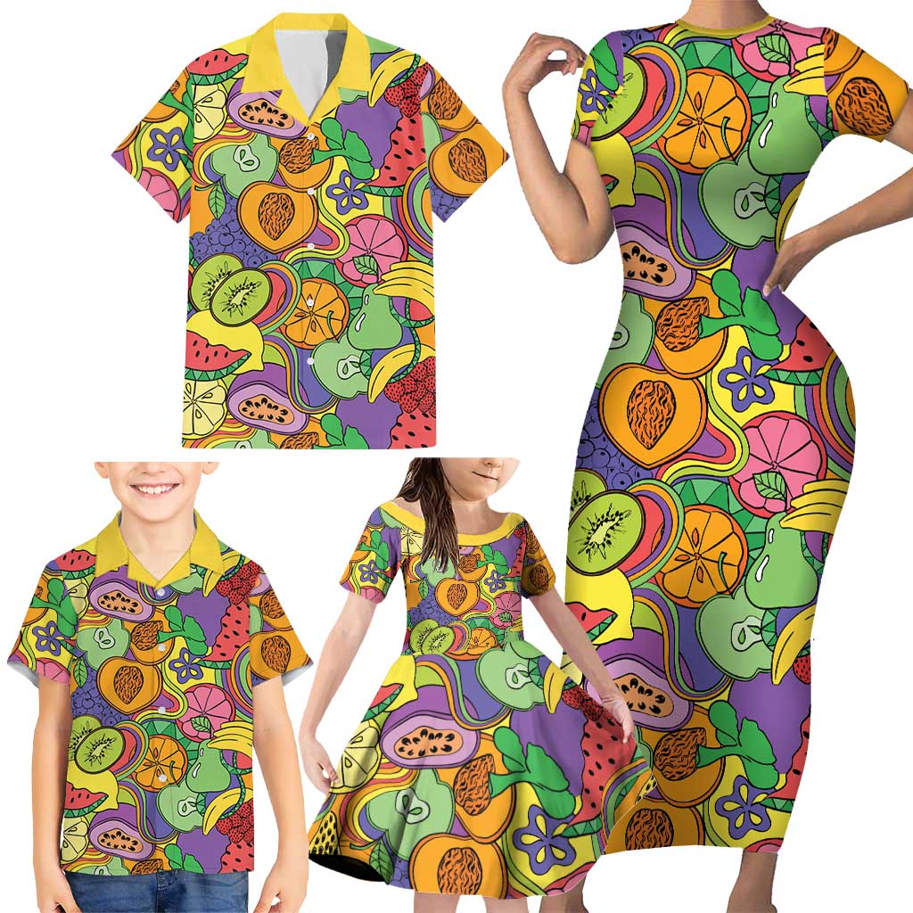 Hawaii Fruits Hippie Style Family Matching Short Sleeve Bodycon Dress and Hawaiian Shirt Vibrant Colorful