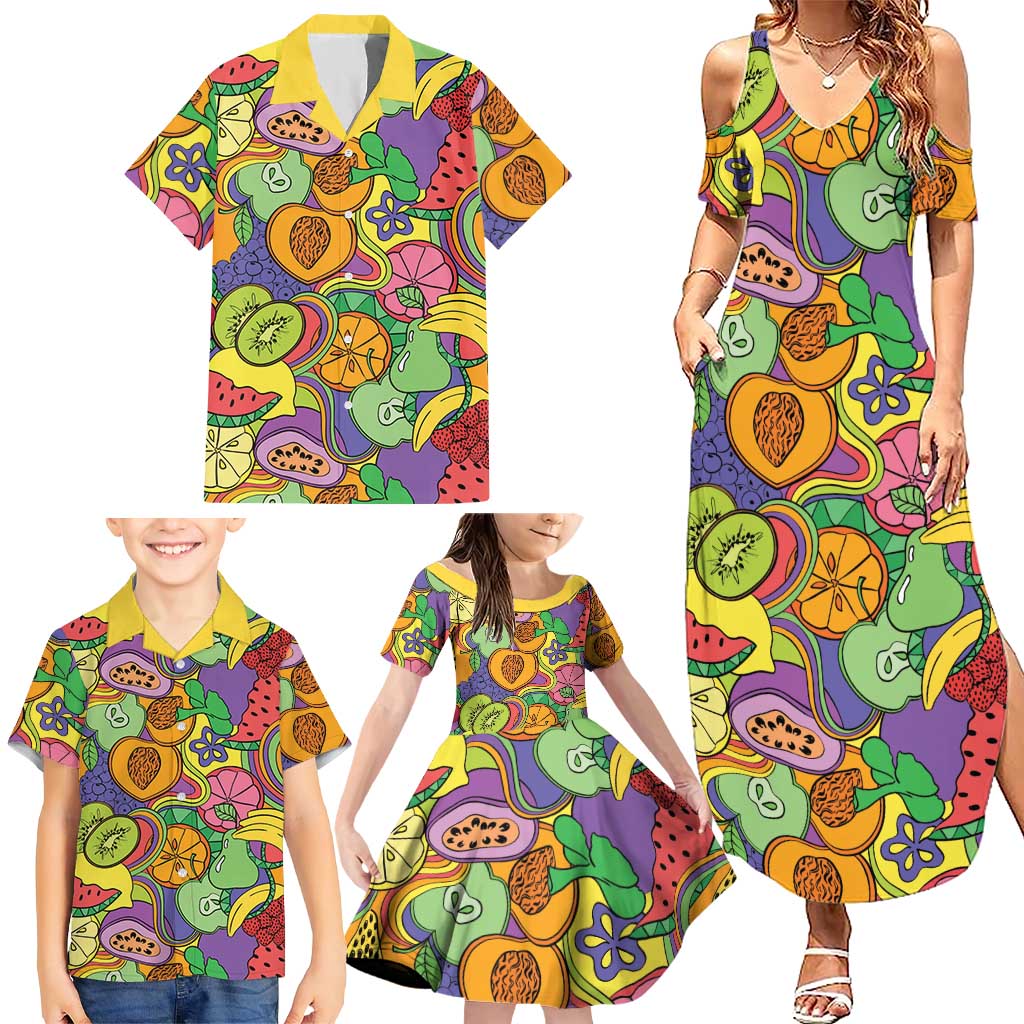Hawaii Fruits Hippie Style Family Matching Summer Maxi Dress and Hawaiian Shirt Vibrant Colorful