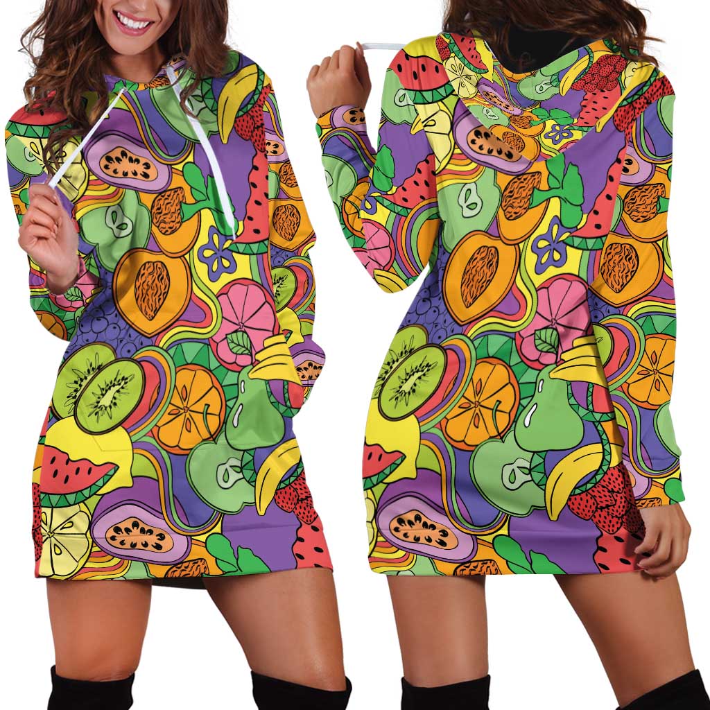 Hawaii Fruits Hippie Style Hoodie Dress Vibrant Colorful