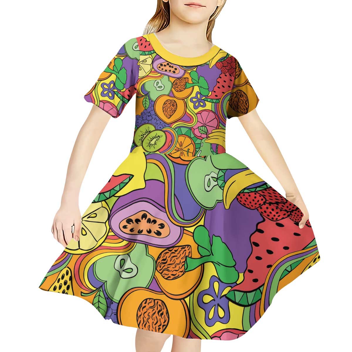 Hawaii Fruits Hippie Style Kid Short Sleeve Dress Vibrant Colorful