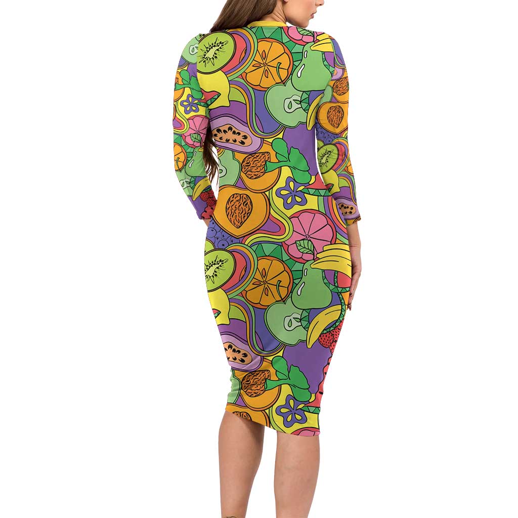 Hawaii Fruits Hippie Style Long Sleeve Bodycon Dress Vibrant Colorful