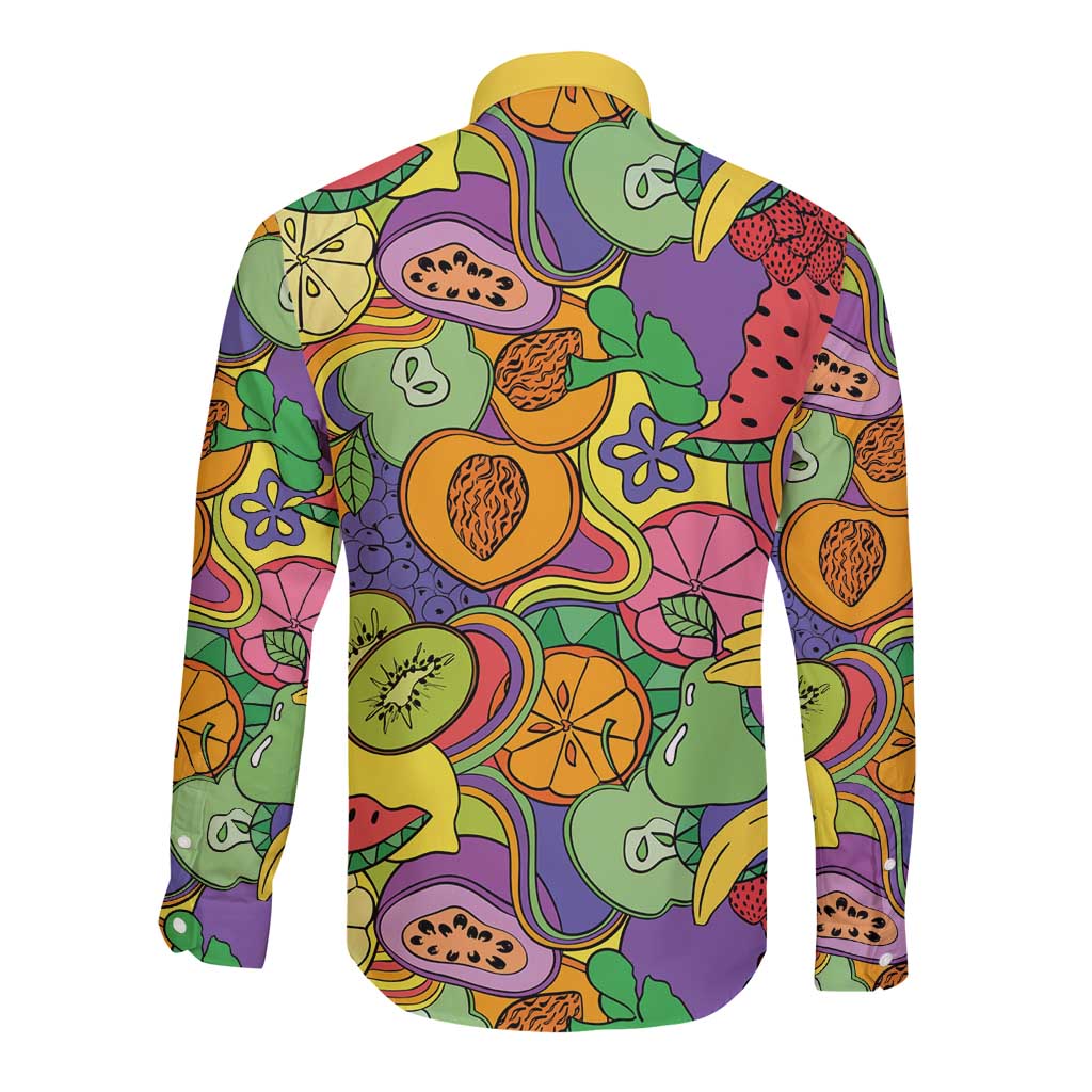 Hawaii Fruits Hippie Style Long Sleeve Button Shirt Vibrant Colorful