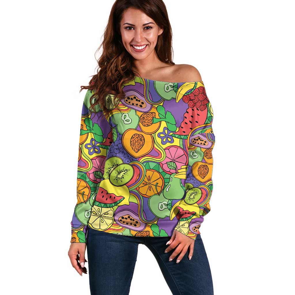 Hawaii Fruits Hippie Style Off Shoulder Sweater Vibrant Colorful