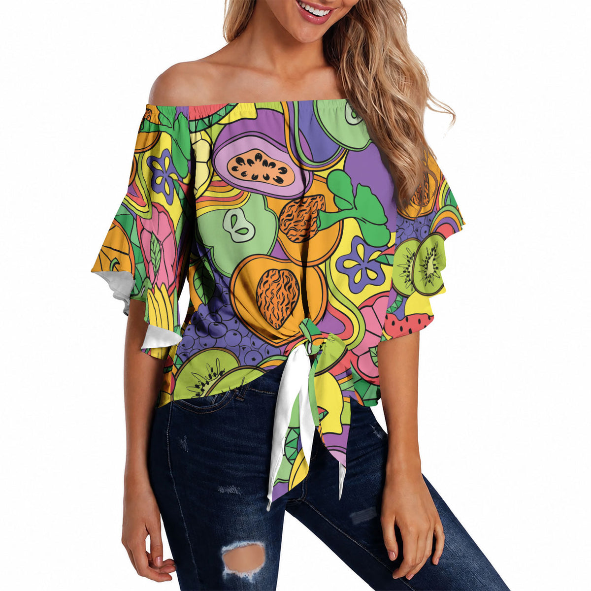Hawaii Fruits Hippie Style Off Shoulder Wrap Waist Top Vibrant Colorful LT01 - Polynesian Pride