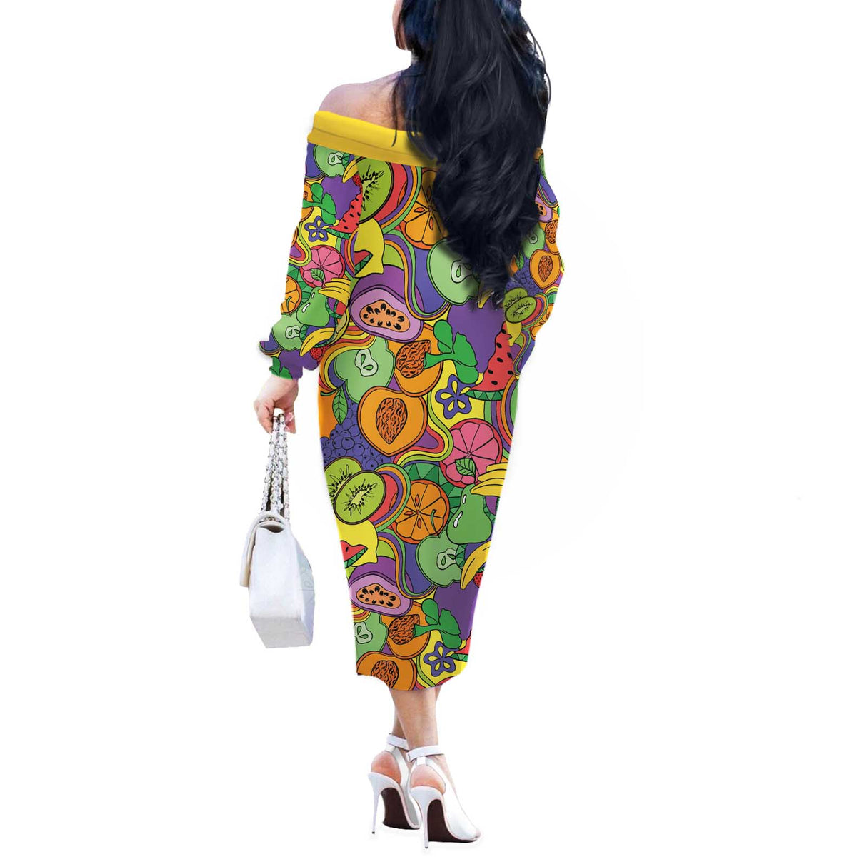 Hawaii Fruits Hippie Style Off The Shoulder Long Sleeve Dress Vibrant Colorful