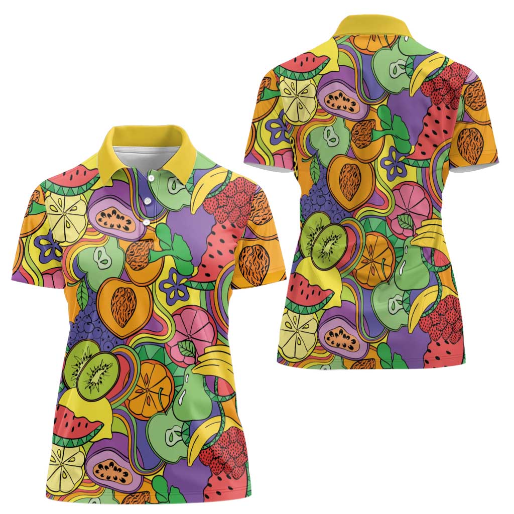 Hawaii Fruits Hippie Style Women Polo Shirt Vibrant Colorful