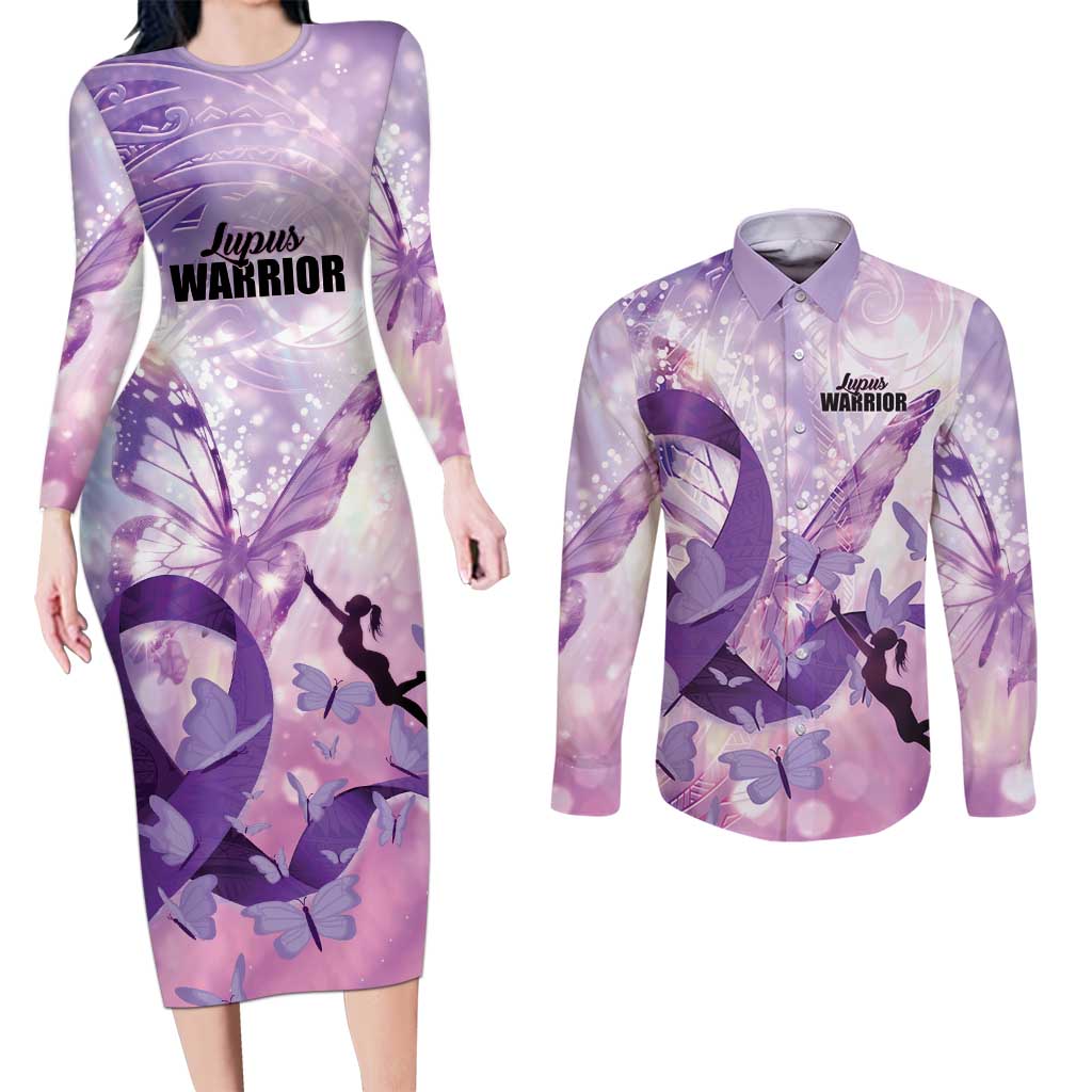 Personalized Polynesian Lupus Awareness Couples Matching Long Sleeve Bodycon Dress and Long Sleeve Button Shirt Butterfly Hologram Lupus Warrior LT01 Purple - Polynesian Pride