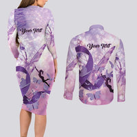 Personalized Polynesian Lupus Awareness Couples Matching Long Sleeve Bodycon Dress and Long Sleeve Button Shirt Butterfly Hologram Lupus Warrior LT01 - Polynesian Pride