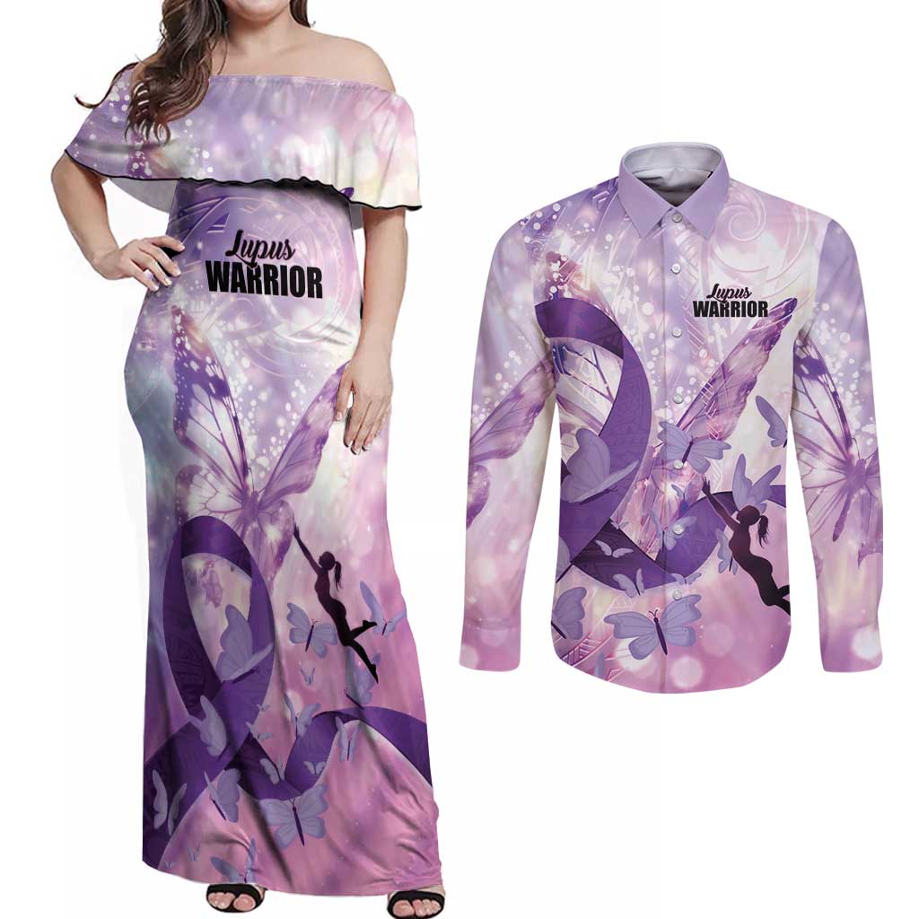 Personalized Polynesian Lupus Awareness Couples Matching Off Shoulder Maxi Dress and Long Sleeve Button Shirt Butterfly Hologram Lupus Warrior