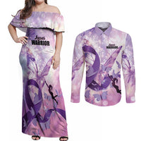Personalized Polynesian Lupus Awareness Couples Matching Off Shoulder Maxi Dress and Long Sleeve Button Shirt Butterfly Hologram Lupus Warrior