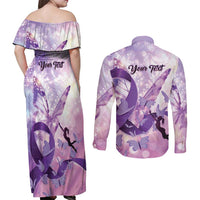 Personalized Polynesian Lupus Awareness Couples Matching Off Shoulder Maxi Dress and Long Sleeve Button Shirt Butterfly Hologram Lupus Warrior
