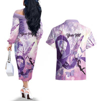 Personalized Polynesian Lupus Awareness Couples Matching Off The Shoulder Long Sleeve Dress and Hawaiian Shirt Butterfly Hologram Lupus Warrior LT01 - Polynesian Pride