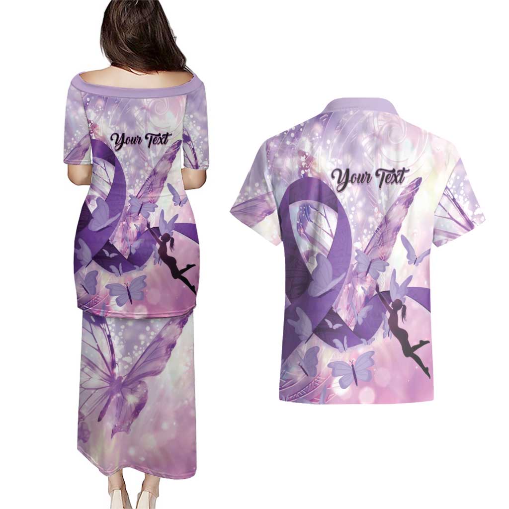 Personalized Polynesian Lupus Awareness Couples Matching Puletasi and Hawaiian Shirt Butterfly Hologram Lupus Warrior