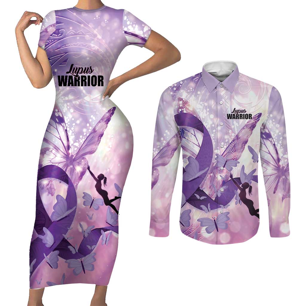 Personalized Polynesian Lupus Awareness Couples Matching Short Sleeve Bodycon Dress and Long Sleeve Button Shirt Butterfly Hologram Lupus Warrior LT01 Purple - Polynesian Pride